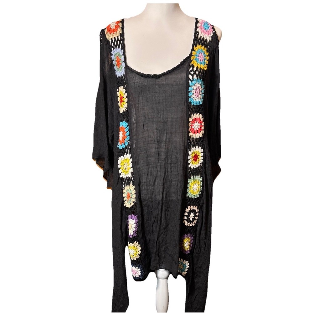 Cellabie Swimsuit Coverup Dress Womens One Size Black Granny Square Boho Crochet